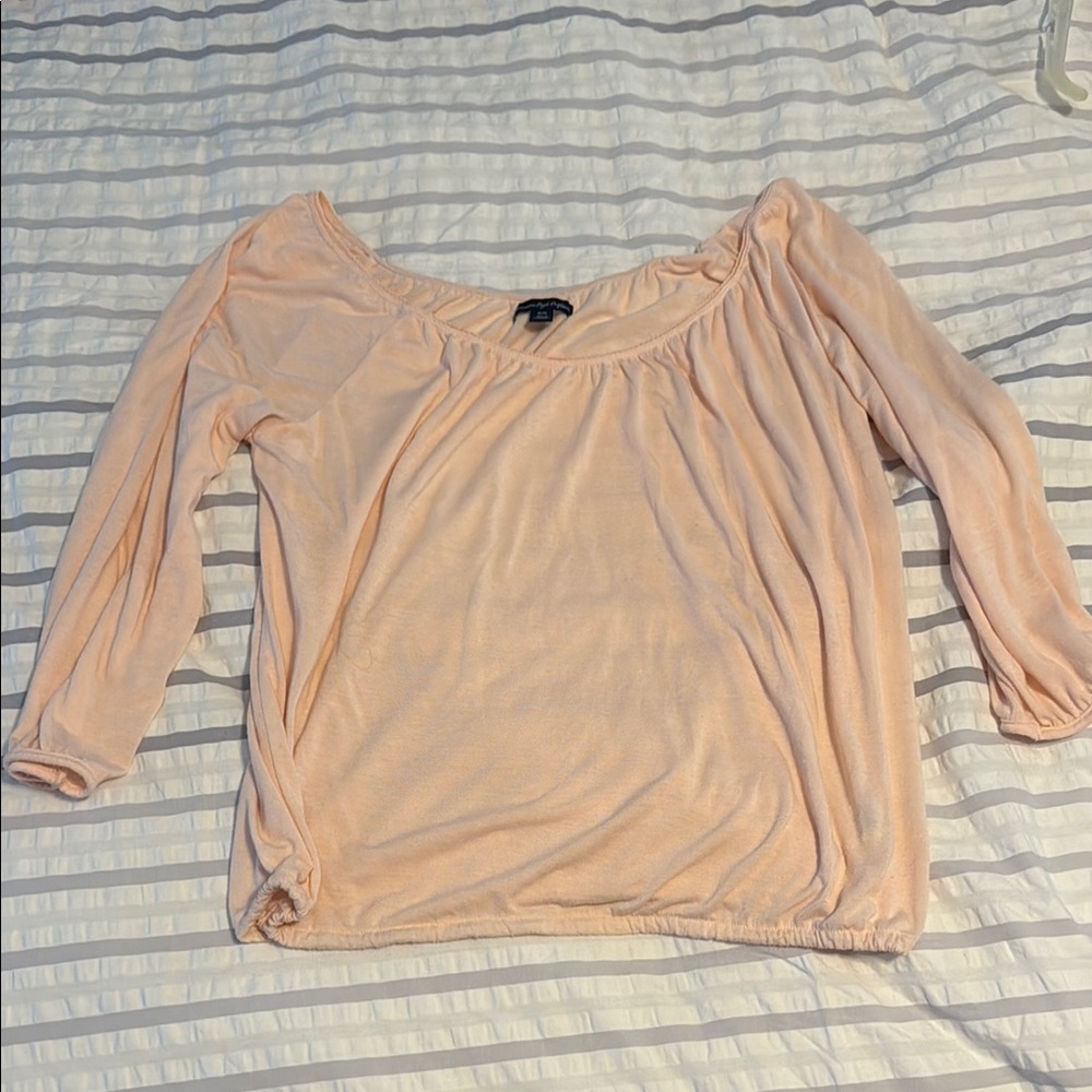 American Eagle Outfitters Orange and Pink Ruched 3/4 Sleeve Blouse